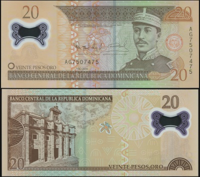 Доминиканская республика Банкнота 20 песо оро 2009 (2010) Unc Пластик Кат# P.182a