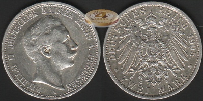 Германия (Пруссия). 2 марки. 1905 A (VF. Серебро)