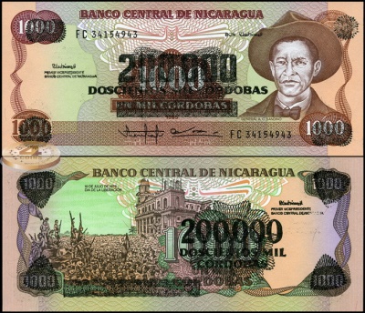Никарагуа. 200000 кордоб (Unc. Надпечатка) 1990
