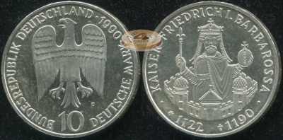 Германия [ФРГ]. 10 марок. 1990.F (Proof-. Серебро)