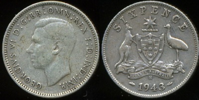 Австралия. 6 пенсов. 1943S (VF. Серебро)