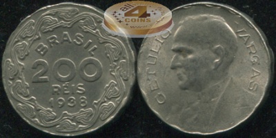 Бразилия. Монета 200 рейс. 1938 (KM#545. XF/XF+)