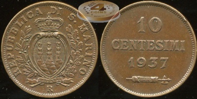 Сан-Марино. 10 центезими. 1937 (Unc)