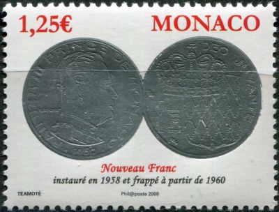 Монако. 2008. Монеты. 1 новый франк (1960) Ренье III (Почтовая марка. MNH OG)
