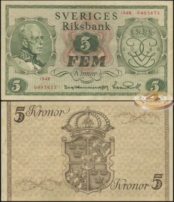 Швеция. 5 крон (Unc) 1948