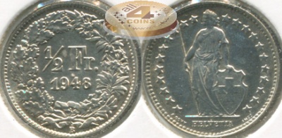Швейцария. 1/2 франка. 1948 (Unc. Серебро)