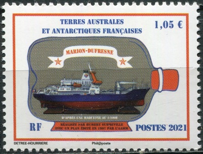 ФЮАТ. 2021. Корабль в бутылке - "Marion Dufresne" (Почтовая марка. MNH OG)