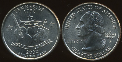 США. Монета 25 центов [Квотер]. 2002.P (KM#331. Unc) Теннесси