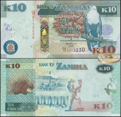 Замбия. Банкнота 10 квач. 2012(2013). Unc. Бумага. Кат.# P.51a