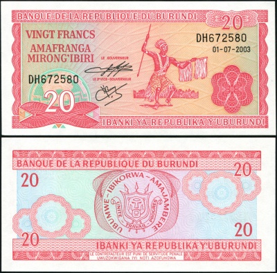 Бурунди. Банкнота 20 франков. 01.07.2003. Unc. Бумага. Кат# P.27l