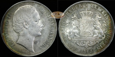 Германия (Бавария). Монета 1 союзный талер. 1865 (AKS.173. aUnc. Серебро)