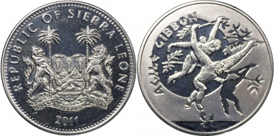 Сьерра-Леоне. Монета 1 доллар. 2011 (KM#369. Unc) Чернорукий гиббон