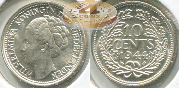 Нидерланды. Монета 10 центов. 1944.P (KM#163. aUnc/Unc. Серебро)
