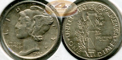 США. 10 центов (Дайм). 1942 (aUnc. Серебро)