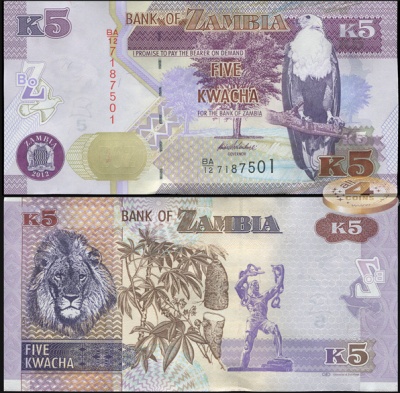 Замбия. Банкнота 5 квач. 2012(2013). Unc. Бумага. Кат.# P.50a