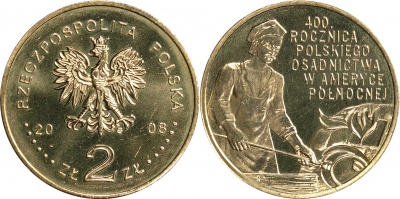 Польша. Монета 2 злотых. 2008 (KM#Y.659. Unc) 400-летие польского поселения в Северной Америке