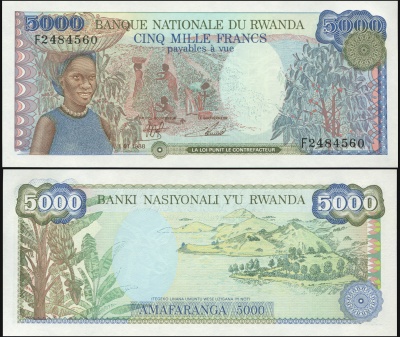 Руанда. Банкнота 5000 франков. 01.01.1988. Unc. Бумага. Кат# P.22a