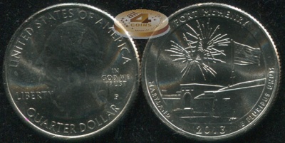 США. Монета 25 центов [Квотер]. 2013.P (KM#545. Unc) Fort McHenry [Maryland]