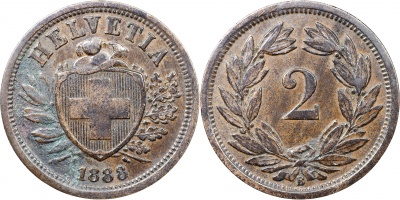 Швейцария. Монета 2 раппена. 1888.B (S.1213 / KM#4.1. XF/aUnc)