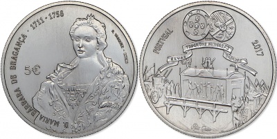 Португалия. Монета 5 евро. 2017 (Unc) Королевы Европы. Барбара Браганса