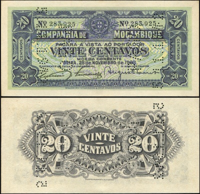 Мозамбик. Банкнота 20 центаво. 25.11.1933. Unc. Бумага. Кат# P.R29