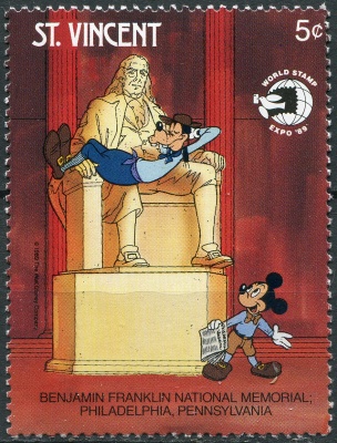 Сент-Винсент. 1989. Диснеевские персонажи. Мемориал Б. Франклина (Почтовая марка. MNH OG)