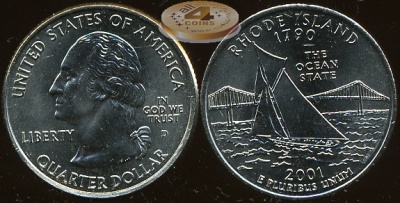 США. Монета 25 центов [Квотер]. 2001.D (KM#320. Unc) Род-Айленд