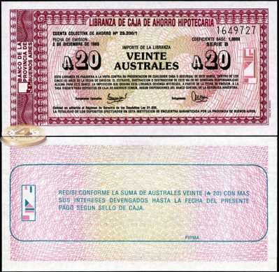 Аргентина (провинция Буэнос Арес). 20 аустрелей (Unc) 1985