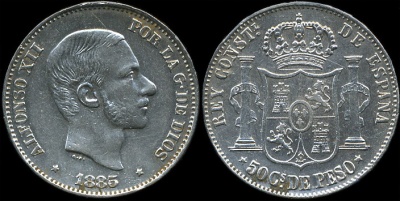 Филиппины (Испанские). 50 центимо. 1885 (XF. Серебро)