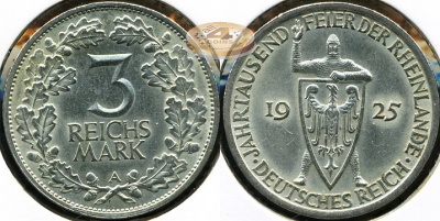 Германия (Веймар). 3 марки. 1925 A (Unc. Серебро)