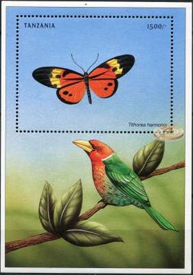 Танзания. 1999. Бабочка Tithorea harmonia (Блок. MNH OG)