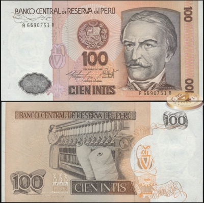 Перу. Банкнота 100 инти. 06.03.1986. Unc. Бумага. Кат.# P.132b