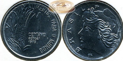 Бразилия. Монета 1 центаво. 1975 (KM#585. Unc) Сахарный тростник
