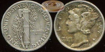 США. 10 центов (Дайм). 1938.S (XF. Серебро)