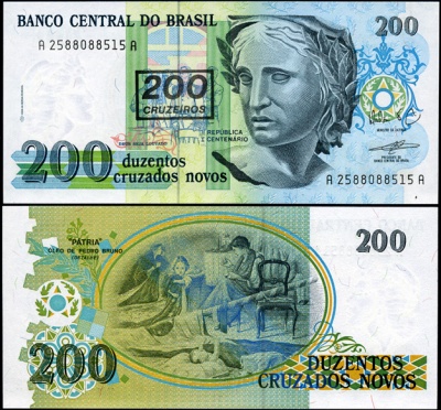 Бразилия. Банкнота 200 крузейро. ND(1990). Unc. Надпечатка. Бумага. Кат.# P.225b
