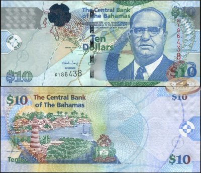 Багамские о-ва. Банкнота 10 долларов. 2009 (2010). Unc. Бумага. Кат# P.73Aa