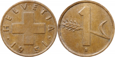 Швейцария. Монета 1 раппен. 1951.B (S.1216 / KM#46. aUnc)
