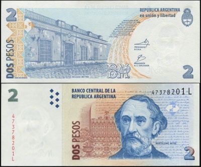 Аргентина. Банкнота 2 песо. ND(2010). Unc. Бумага. Кат.# P.352 [Serie L]