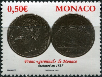 Монако. 2008. Монеты - 5 Франков, Оноре V (1837) (Почтовая марка. MNH OG)
