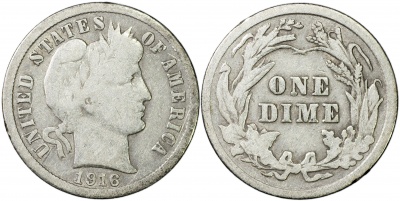 США. Монета 10 центов [Дайм]. 1916 (KM#113. VF. Серебро) Barber Dime