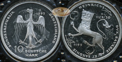 Германия (ФРГ). 10 марок. 1995F (Proof. Серебро)