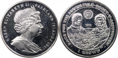 Фолклендские о-ва. Монета 1 крона. 2007 (KM#158. Unc) Путешествие к Южному полюсу Скотта и Амундсена