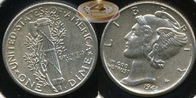 США. 10 центов (Дайм). 1943 (aUnc. Серебро)