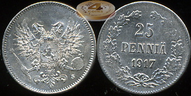 Финляндия (Российская). 25 пенни. 1917 (VF+. Серебро)