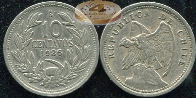 Чили. Монета 10 центаво. 1936 (KM#166. XF)
