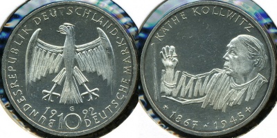 Германия [ФРГ]. Монета 10 марок. 1992.G (KM#178. ) 125 лет со дня рождения художницы Кете Кольвиц