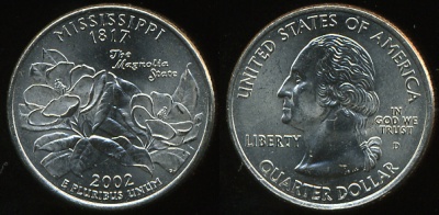 США. Монета 25 центов [Квотер]. 2002.D (KM#335. Unc) Миссисипи