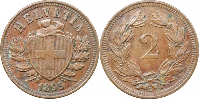 Швейцария. Монета 2 раппена. 1899.B (S.1213 / KM#4.2. aUnc)