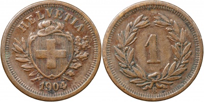 Швейцария. Монета 1 раппен. 1904.B (S.1215 / KM#3.2. XF/aUnc)
