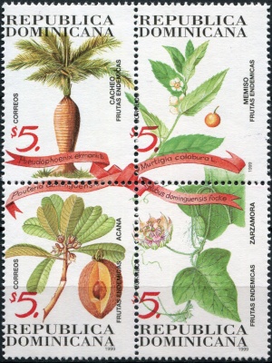 Доминиканская республика. 1999. Местная флора: цветы и их плоды (Квартблок. MNH OG)